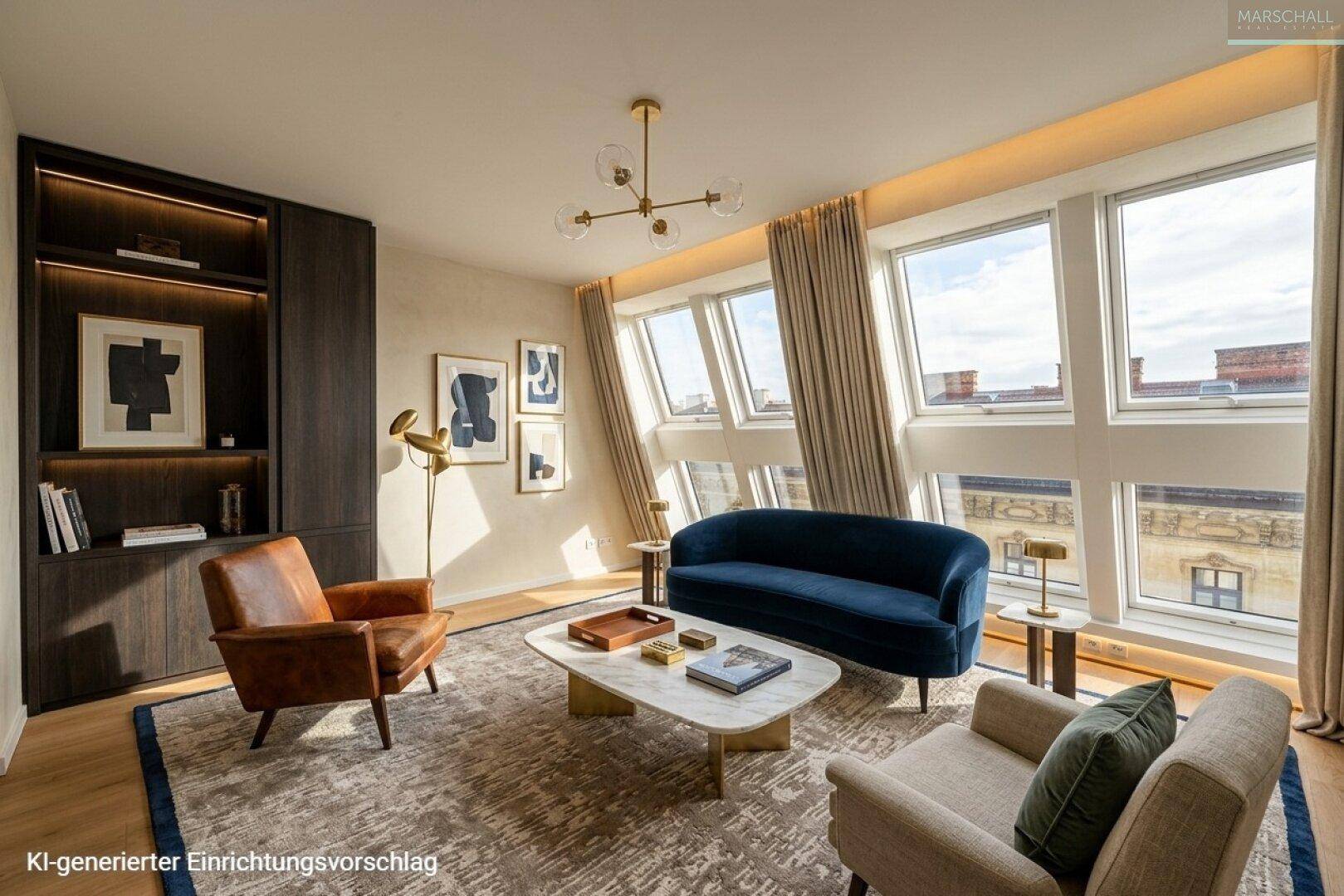 Modernes Wohnzimmer mit großen, schrägen Fenstern, viel Tageslicht und stilvollen Möbeln.