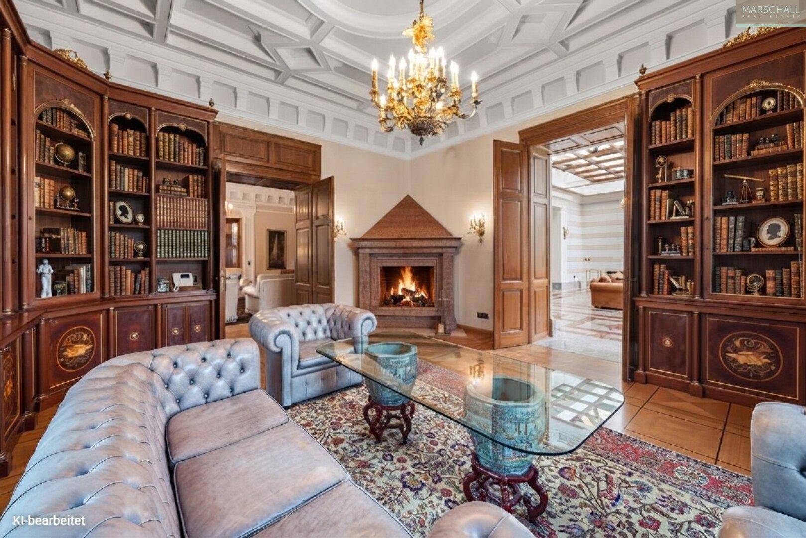 Gemütliche Bibliothek mit Kamin, eingebauten Bücherregalen und luxuriösem Mobiliar für entspannte Stunden.