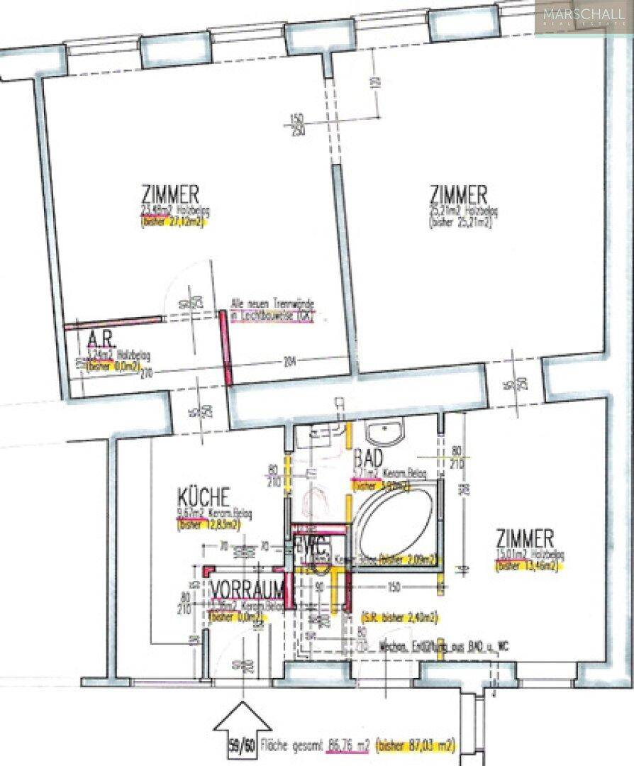Grundrissplan mit Raumaufteilung und Flächenangaben für die Wohnung.