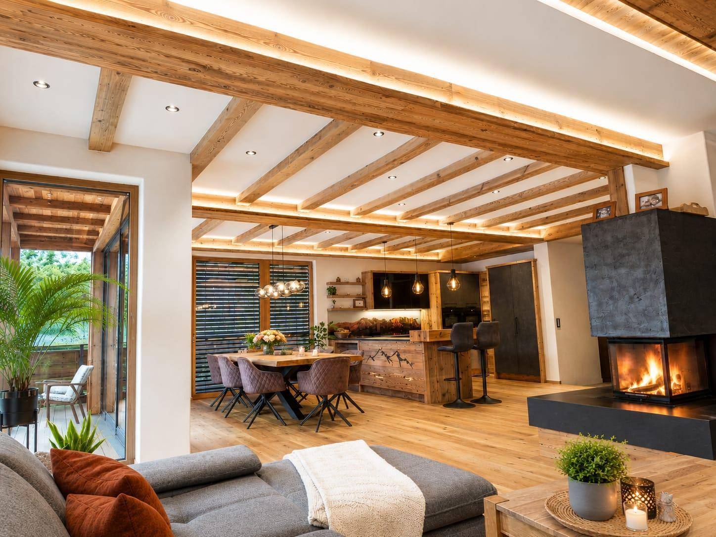 Offener Wohnbereich mit Holzbalkendecke, modernem Kamin und Zugang zu einem Balkon.