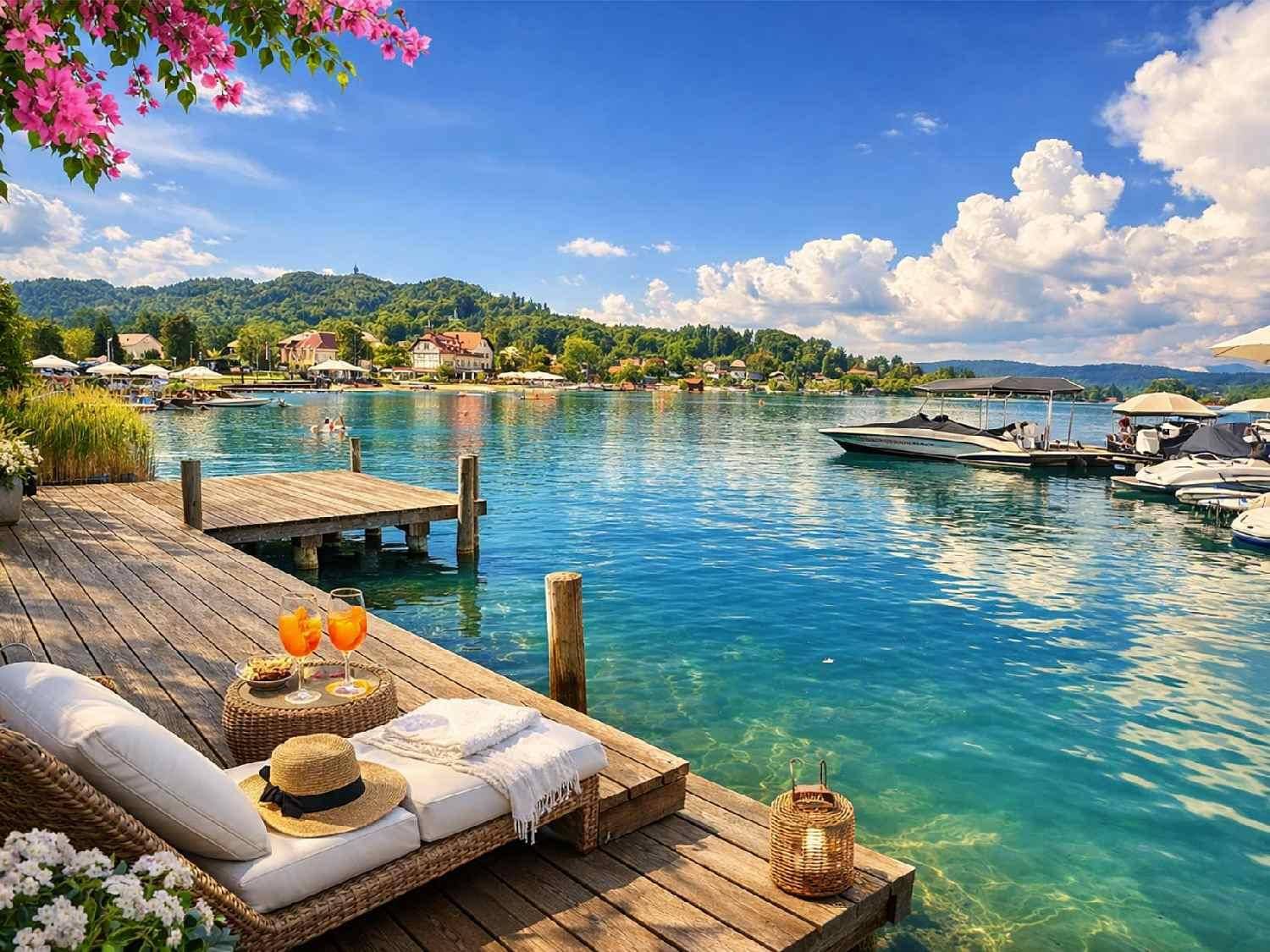 Sonniger Holzsteg am Seeufer mit bequemen Liegestühlen, umgeben von blühenden Pflanzen und Booten.