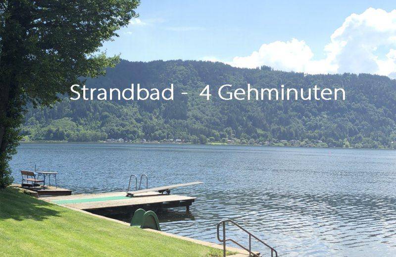 Idyllisches Strandbad am See mit Steg und Sprungbrett, umgeben von grüner Natur und Bergen.