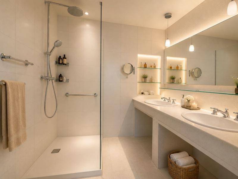 Modernes Badezimmer mit ebenerdiger Dusche, Doppelwaschbecken und indirekter Beleuchtung.