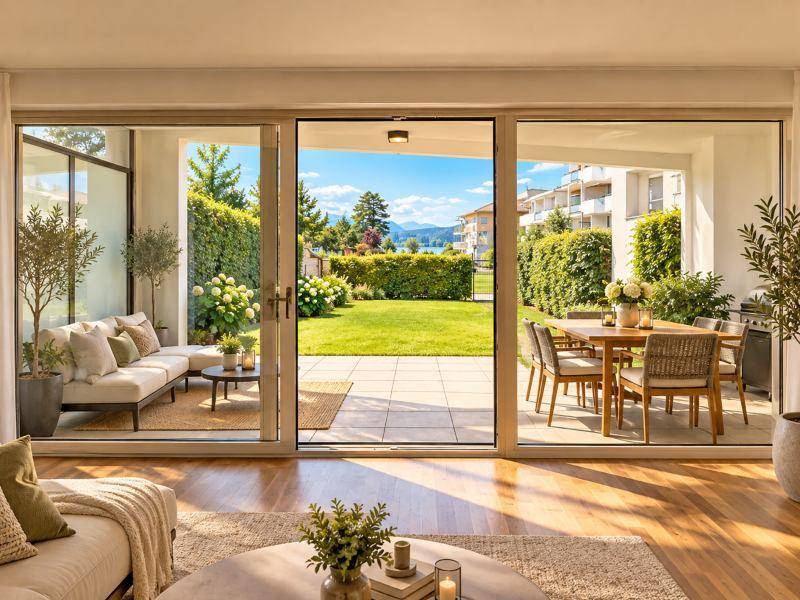 Helles Wohnzimmer mit Holzboden und großen Fensterfronten, die den Blick auf Terrasse und Garten freigeben.