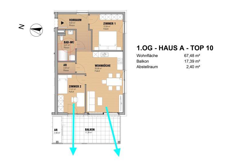 Detaillierter Grundriss einer Wohnung im ersten Obergeschoss mit Balkon und offener Wohnküche.