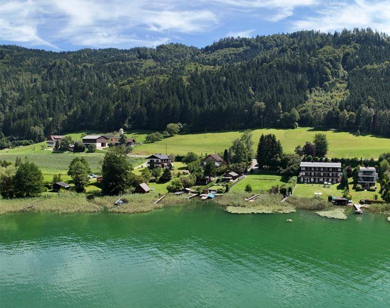 Luftaufnahme zeigt mehrere Häuser und Grundstücke direkt am Seeufer, eingebettet in grüne Landschaft.