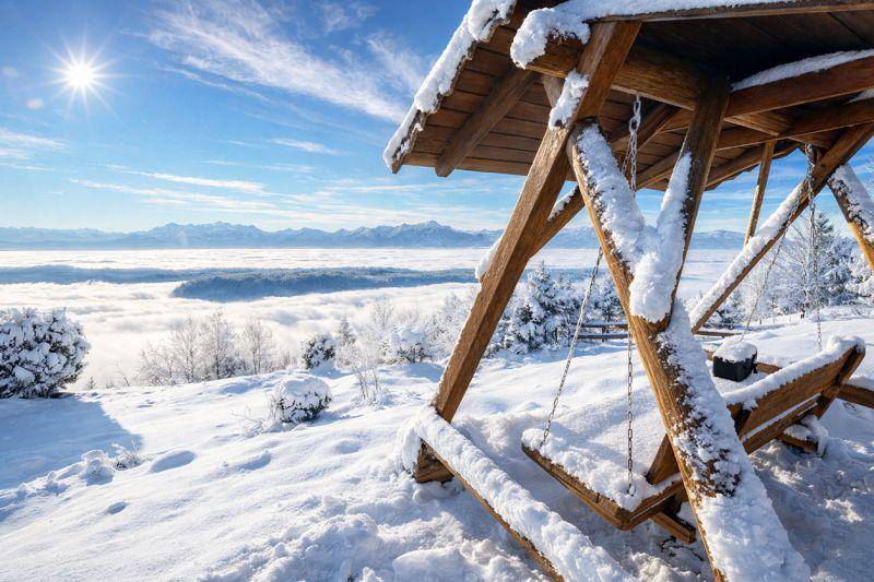 Verschneite Holzschaukel im Garten mit weitem Blick über ein Wolkenmeer und die Alpen.