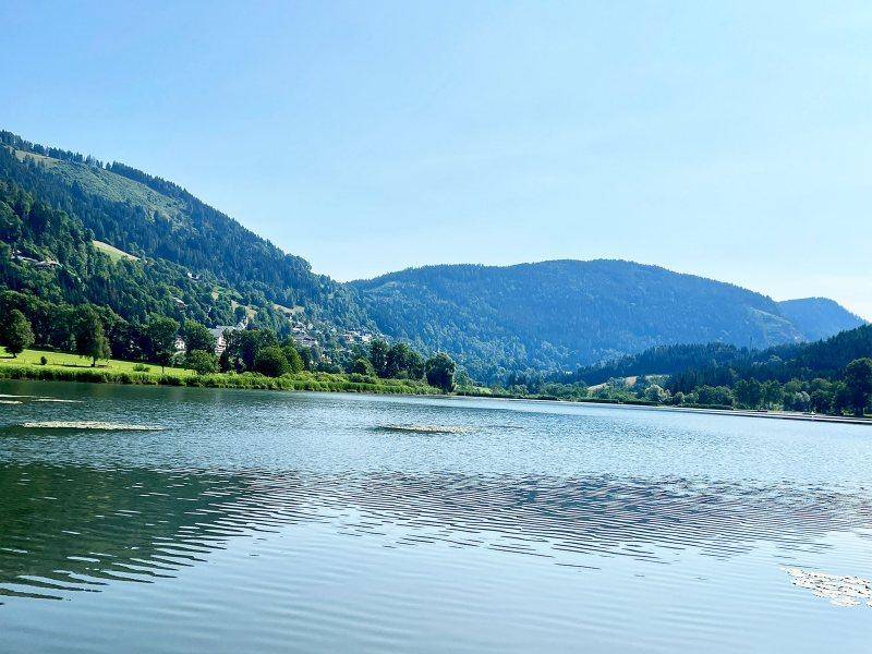 Weitläufiger Blick über den ruhigen See, umgeben von bewaldeten Bergen unter blauem Himmel.