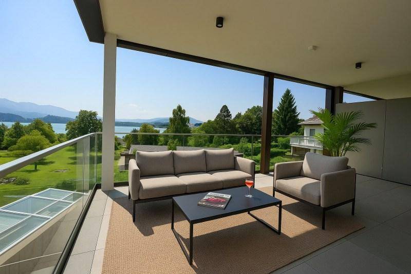 Geräumiger Balkon mit modernen Gartenmöbeln und weitem Blick über den See und die grüne Landschaft.