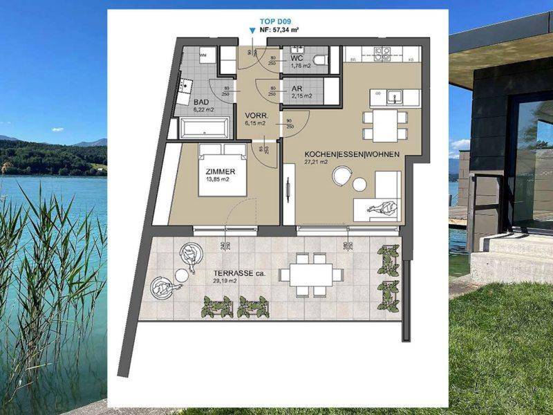 Grundriss einer Wohnung mit großer Terrasse, Schlafzimmer, Bad und offenem Wohn-Essbereich.