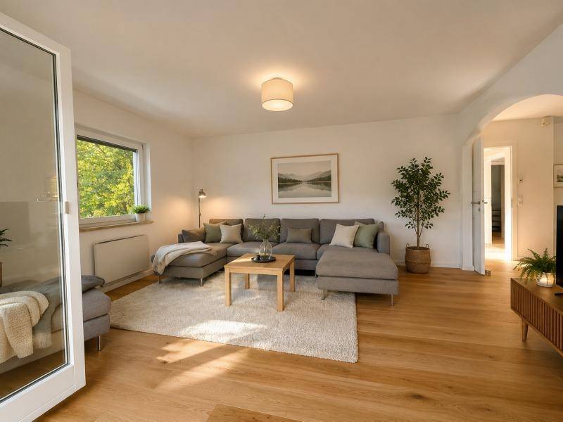 Geräumiges Wohnzimmer mit großem Ecksofa, Holzboden und viel Tageslicht durch große Fenster.