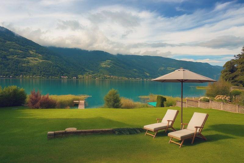 Gepflegter Rasen mit Liegestühlen und Sonnenschirm bietet direkten Blick auf den See und die Berge.