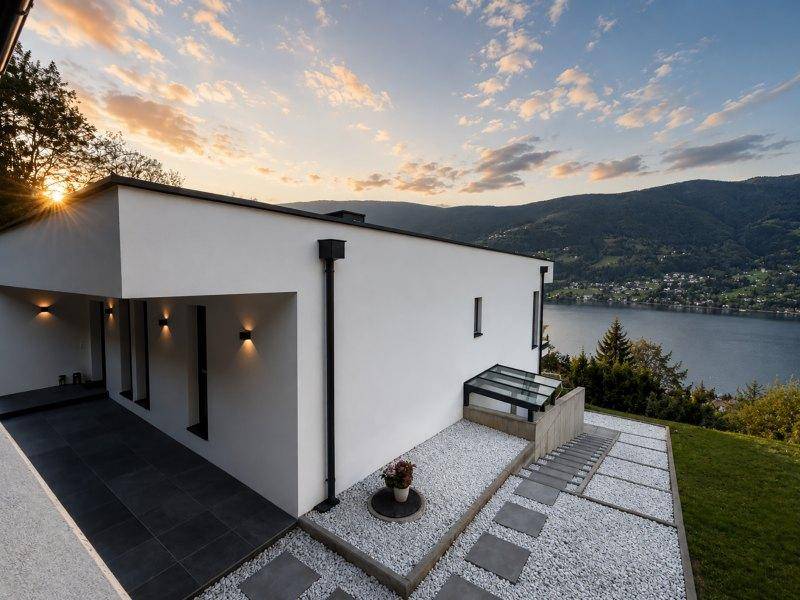 Moderne Architektur mit weißer Fassade und Kiesgarten, bietet einen malerischen Blick auf den See.