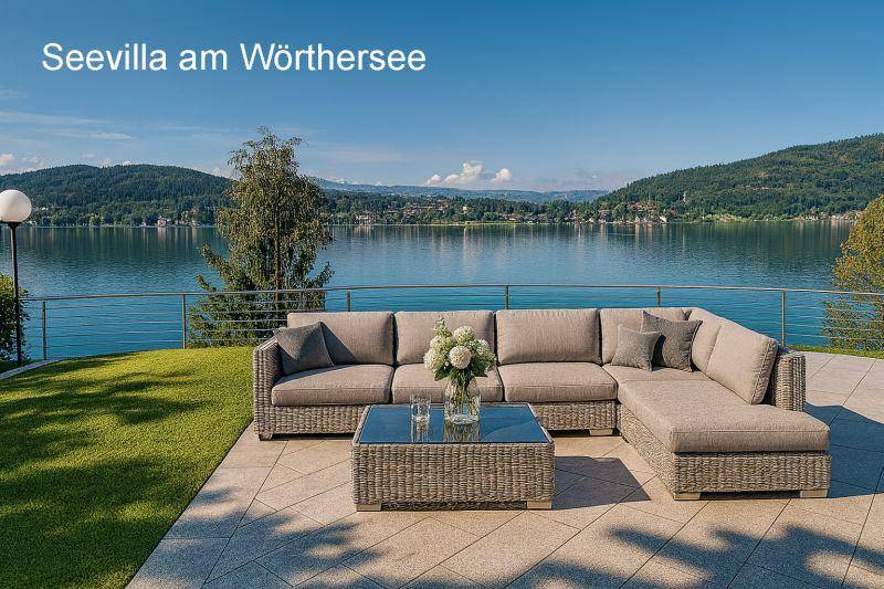 Großzügige Terrasse mit bequemen Loungemöbeln und einem weiten Blick über den Wörthersee.