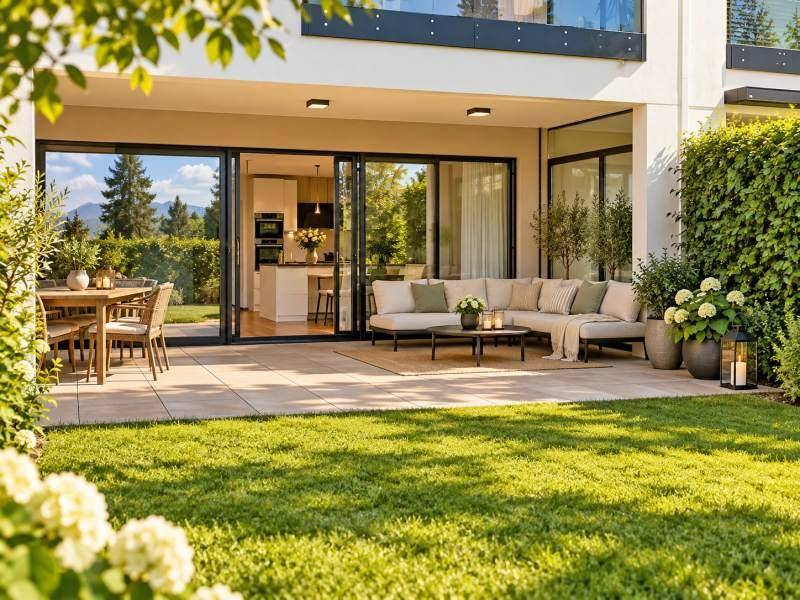 Großzügige, modern gestaltete Terrasse mit Lounge- und Essbereich sowie Zugang zum Garten.