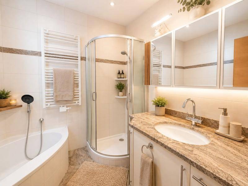 Helles Badezimmer mit Eckbadewanne, Duschkabine und modernem Waschtisch mit Spiegelschrank.