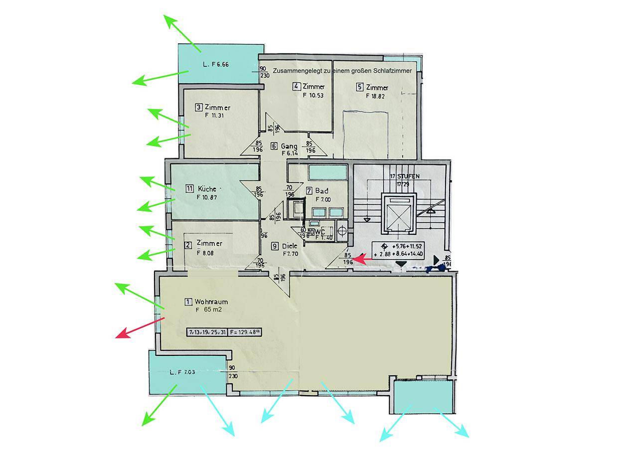 Detaillierter Grundriss der Wohnung mit Raumaufteilung, Balkonen und Belüftungshinweisen.