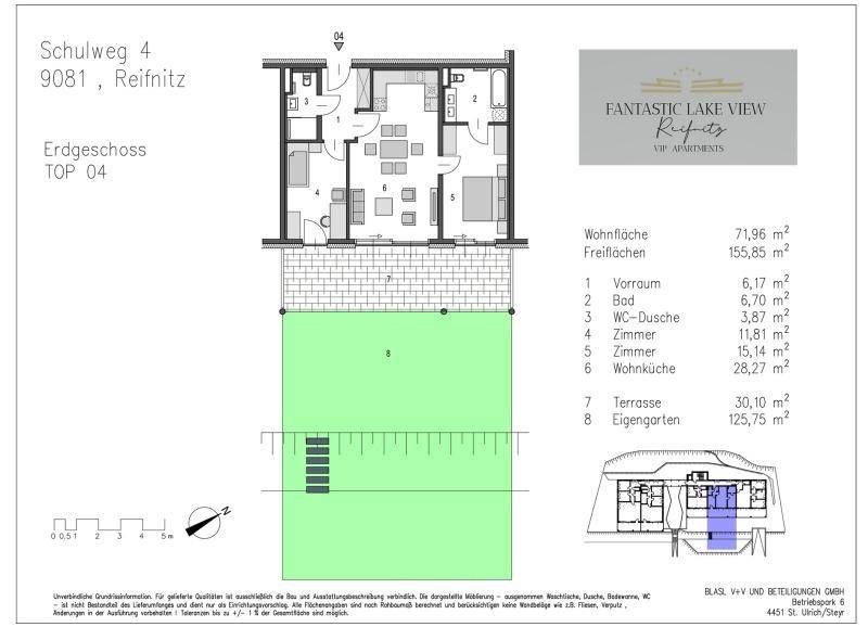Grundriss der Erdgeschosswohnung TOP 04 mit Terrasse und großem Eigengarten.