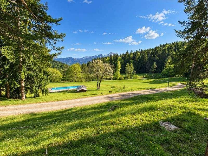 Weitläufige grüne Landschaft mit einem Feldweg, umgeben von Wäldern und Bergen im Hintergrund.