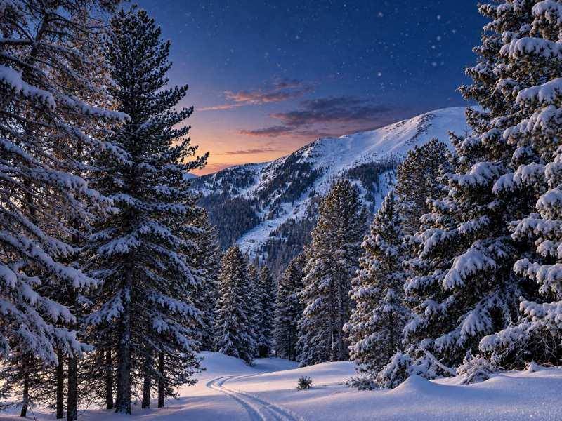 Malerische Winterlandschaft mit verschneiten Bäumen und Bergen bei Sonnenuntergang, ideal für Langlauf.