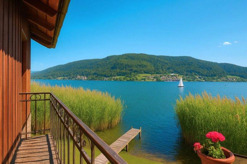 Kleiner Balkon mit schmiedeeisernem Geländer bietet einen malerischen Blick auf den See und die Berge.