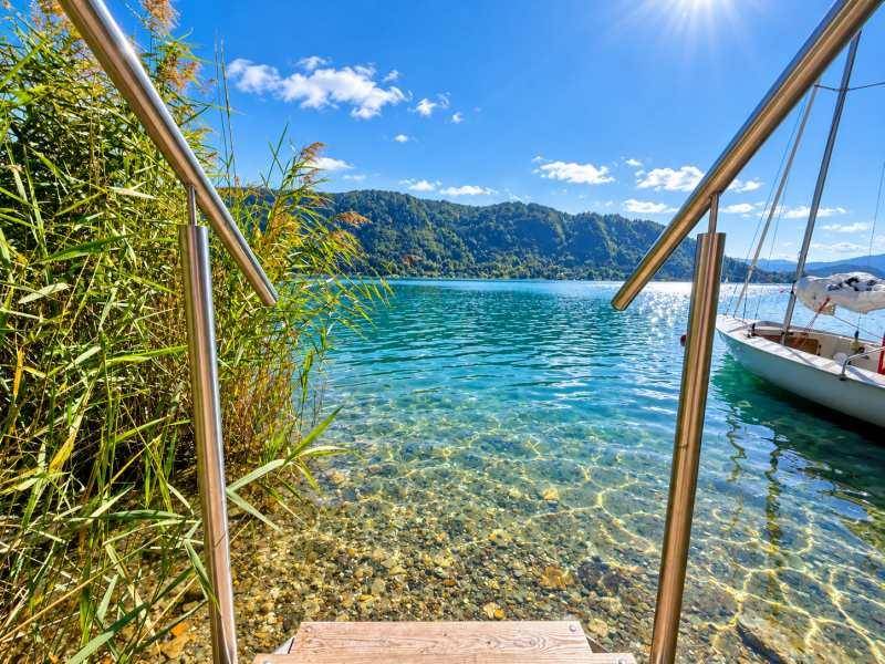 Direkter Seezugang mit Holzsteg und Handläufen, umgeben von Schilf und klarem Wasser.