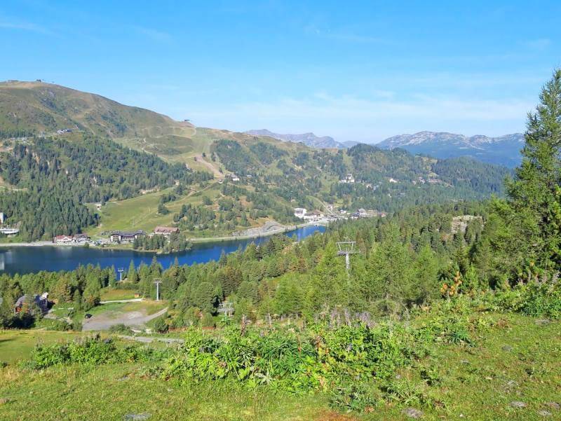 Sommerlicher Panoramablick auf einen blauen Bergsee, umgeben von grünen Wäldern und einer malerischen Bergkulisse.