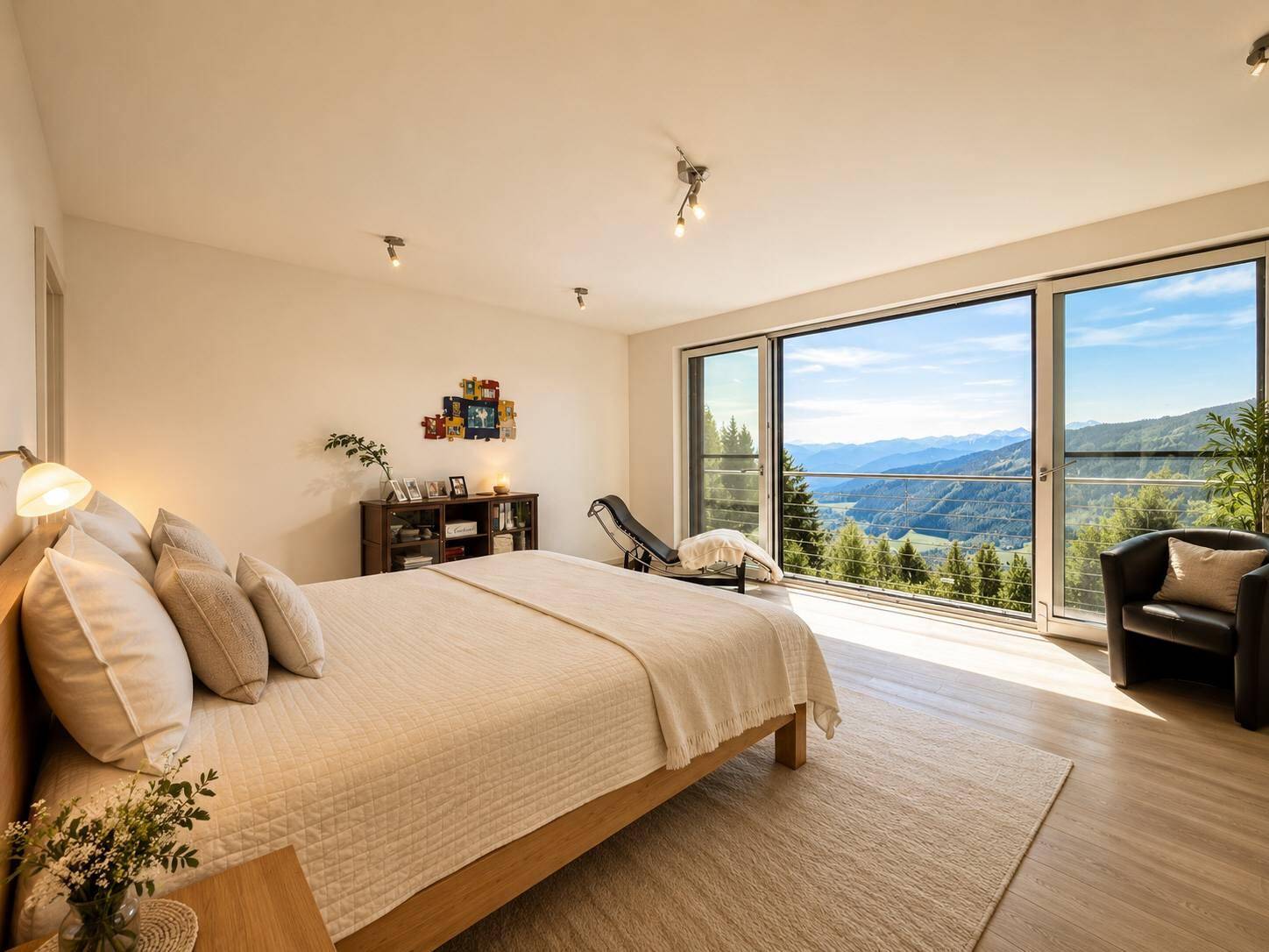 Modernes Schlafzimmer mit großzügigen Fensterfronten, die einen atemberaubenden Bergblick bieten.