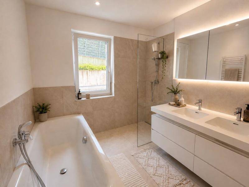 Modernes Badezimmer mit beigen Fliesen, Doppelwaschbecken, begehbarer Dusche und Badewanne am Fenster.