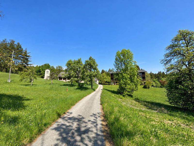 Langer Kiesweg schlängelt sich durch eine weite grüne Landschaft mit Bäumen und Gebäuden in der Ferne.