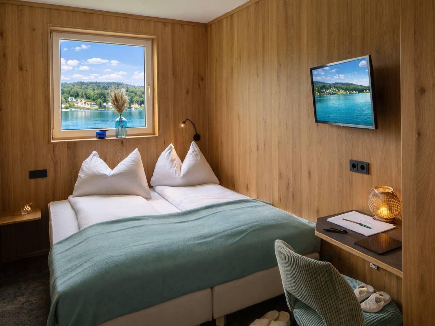 Gemütliches Schlafzimmer mit Holzwänden, Doppelbett und einem Fenster mit direktem Seeblick.