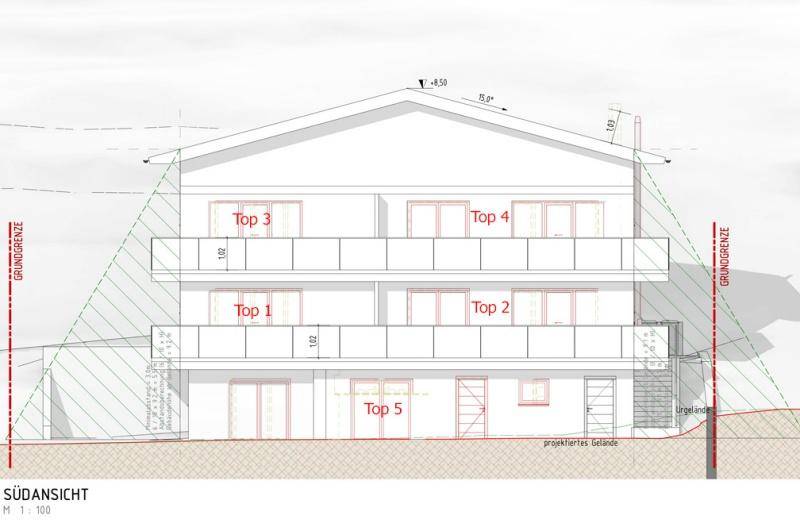 Architektonische Südansicht des Gebäudes mit mehreren Balkonen und Dachschräge.