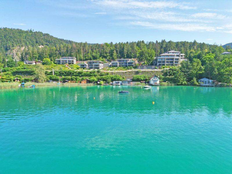 Panoramablick auf den See mit modernen Gebäuden am bewaldeten Hang und üppiger Natur.