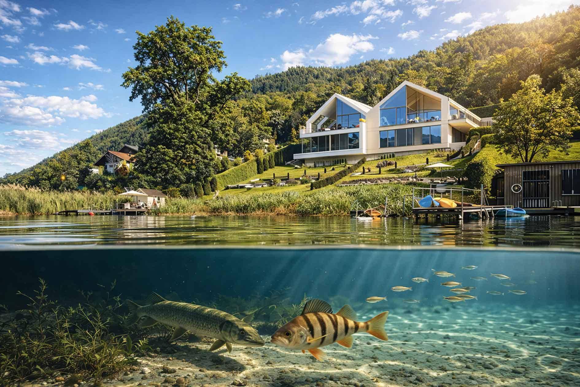 Moderne Architektur am Seeufer mit Unterwasseransicht des klaren Sees und seiner Bewohner.