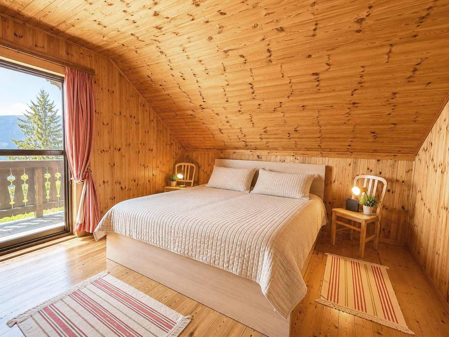 Helles Schlafzimmer im Dachgeschoss mit Holztäfelung, Doppelbett und Zugang zu einem Balkon.