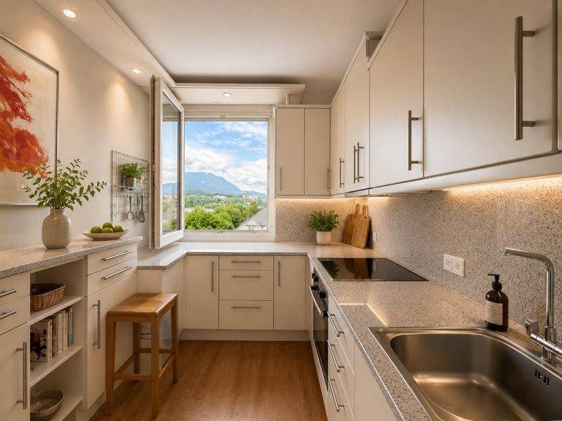 Helle Einbauküche mit weißen Schränken, modernen Geräten und einem Fenster mit Bergblick.