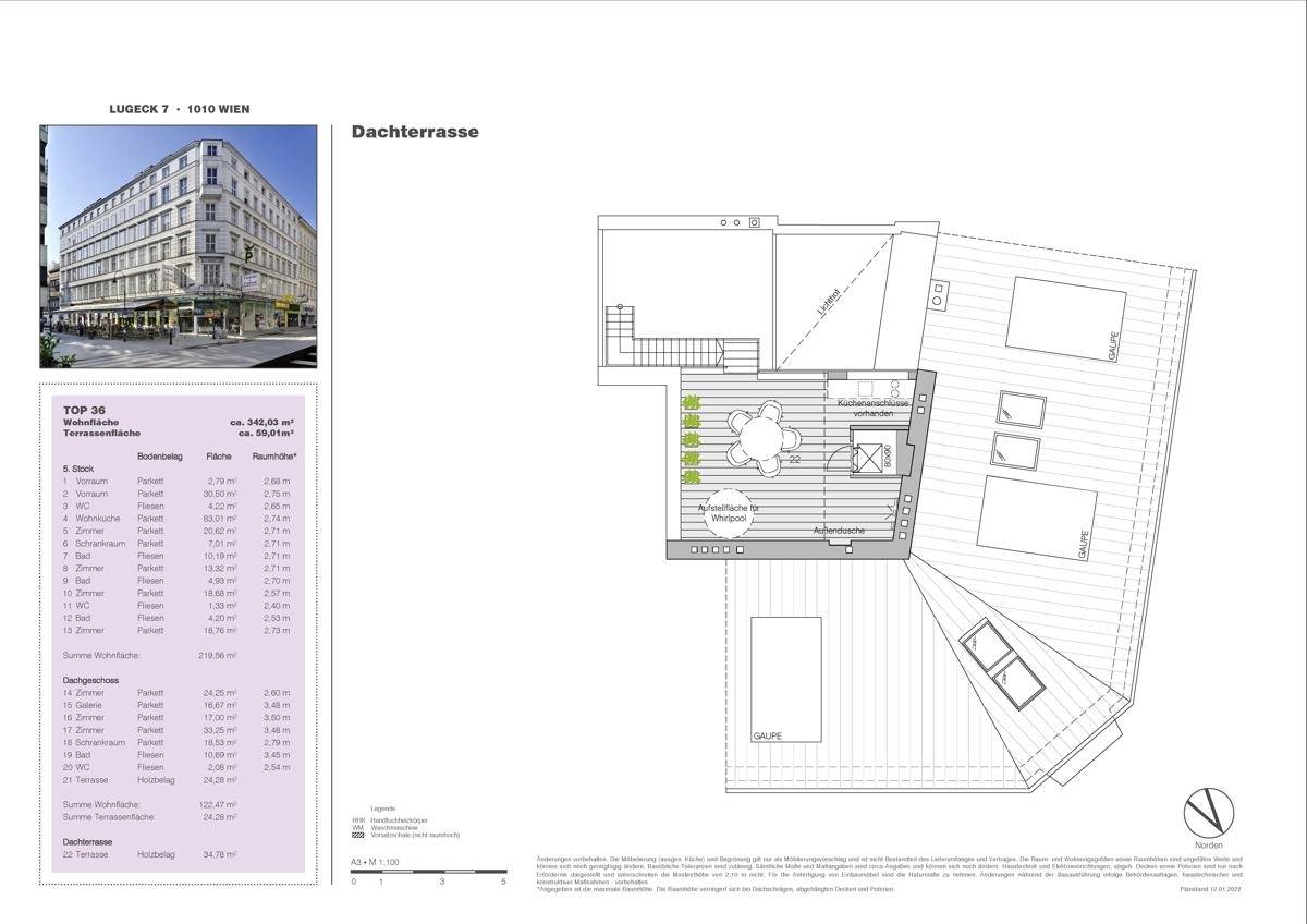 Grundriss der Dachterrasse mit Sitzbereich und Ansicht des modernen Gebäudes in städtischer Umgebung.