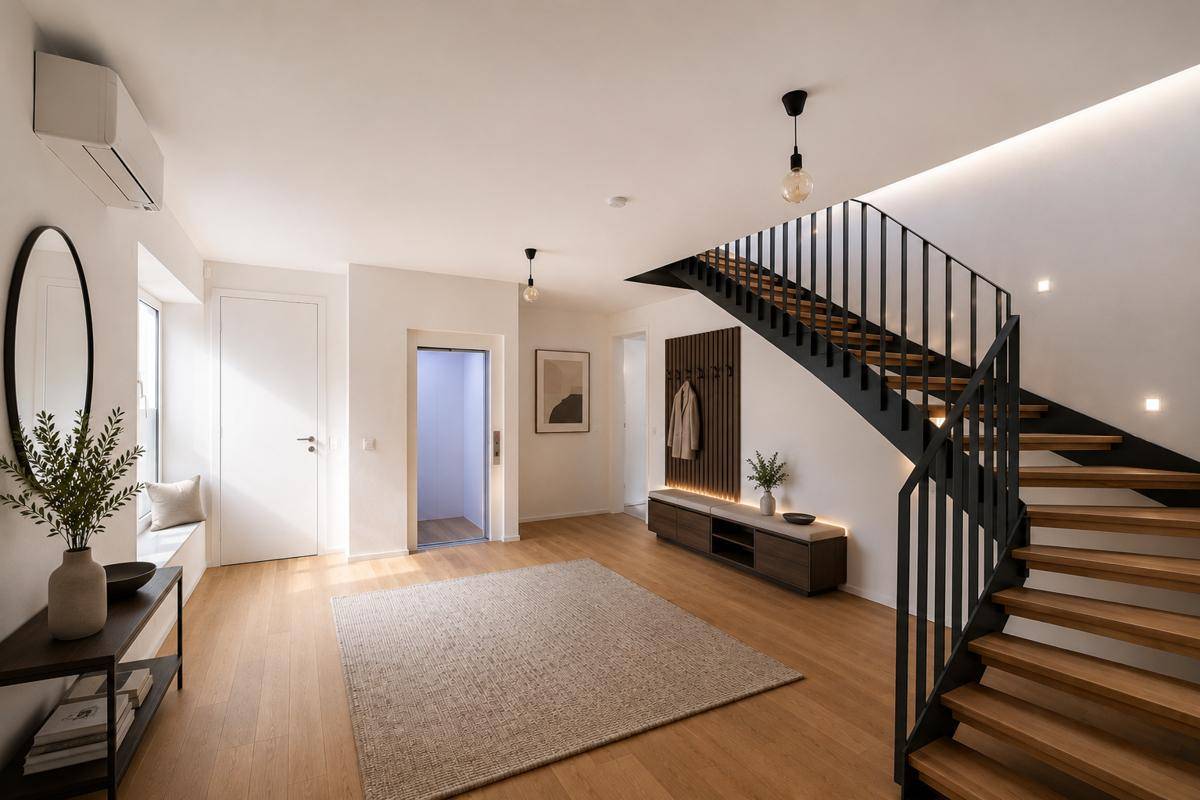 Geräumiger Eingangsbereich mit Holztreppe, Aufzug und moderner Garderobe.