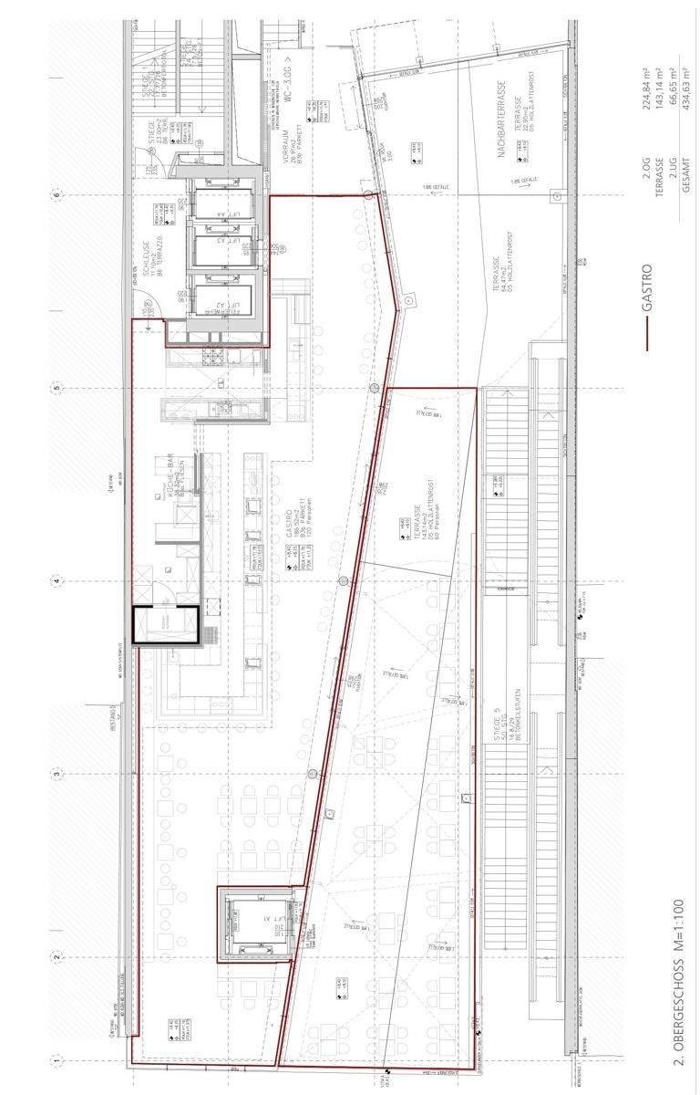 Grundriss des zweiten Obergeschosses mit Gastronomiebereich, Terrasse und Gesamtflächenangaben.