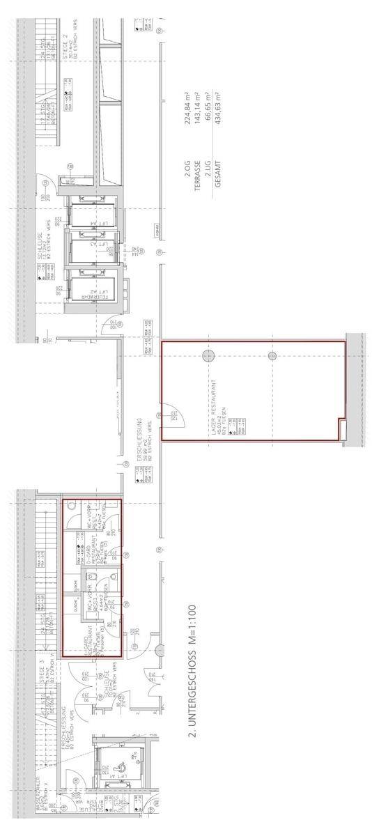 Grundriss des zweiten Untergeschosses mit Lagerflächen für ein Restaurant und weiteren Räumlichkeiten.