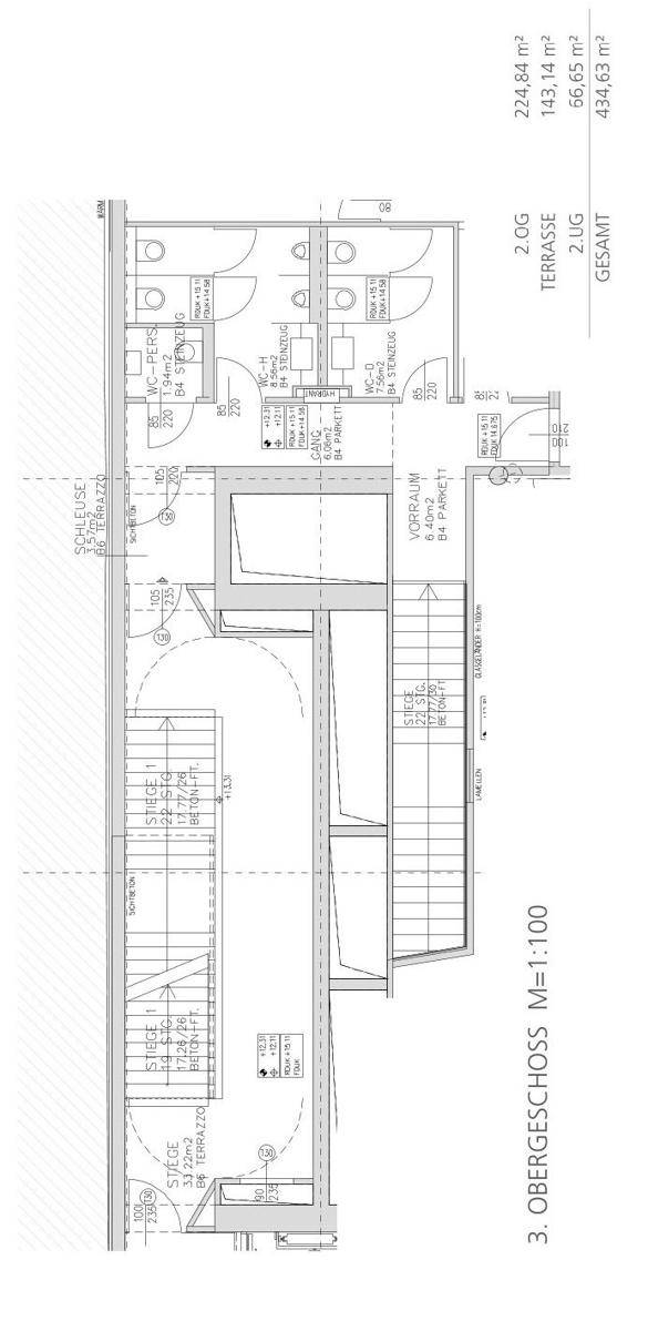 Grundriss des dritten Obergeschosses mit Treppenhaus und verschiedenen Räumen, detailliert dargestellt.