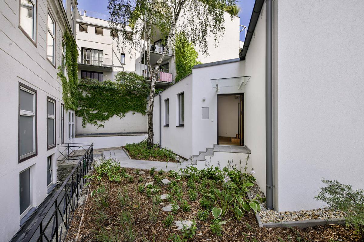 Ein kleiner, begrünter Innenhof mit einem Baum und Zugang zu einem modernen Gebäude.