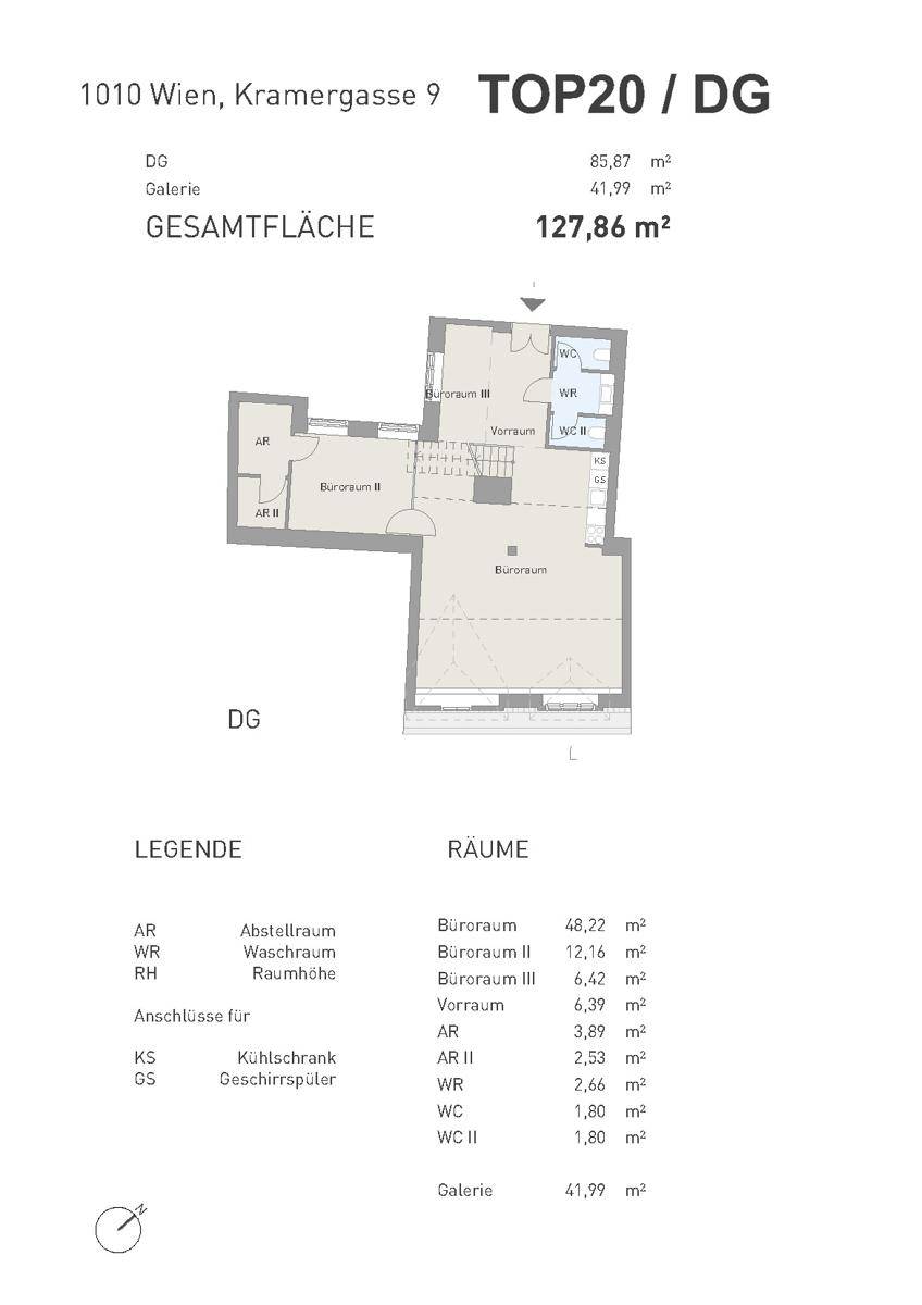Grundriss des Dachgeschosses mit Büroräumen, Waschraum und Toiletten auf 127,86 m².