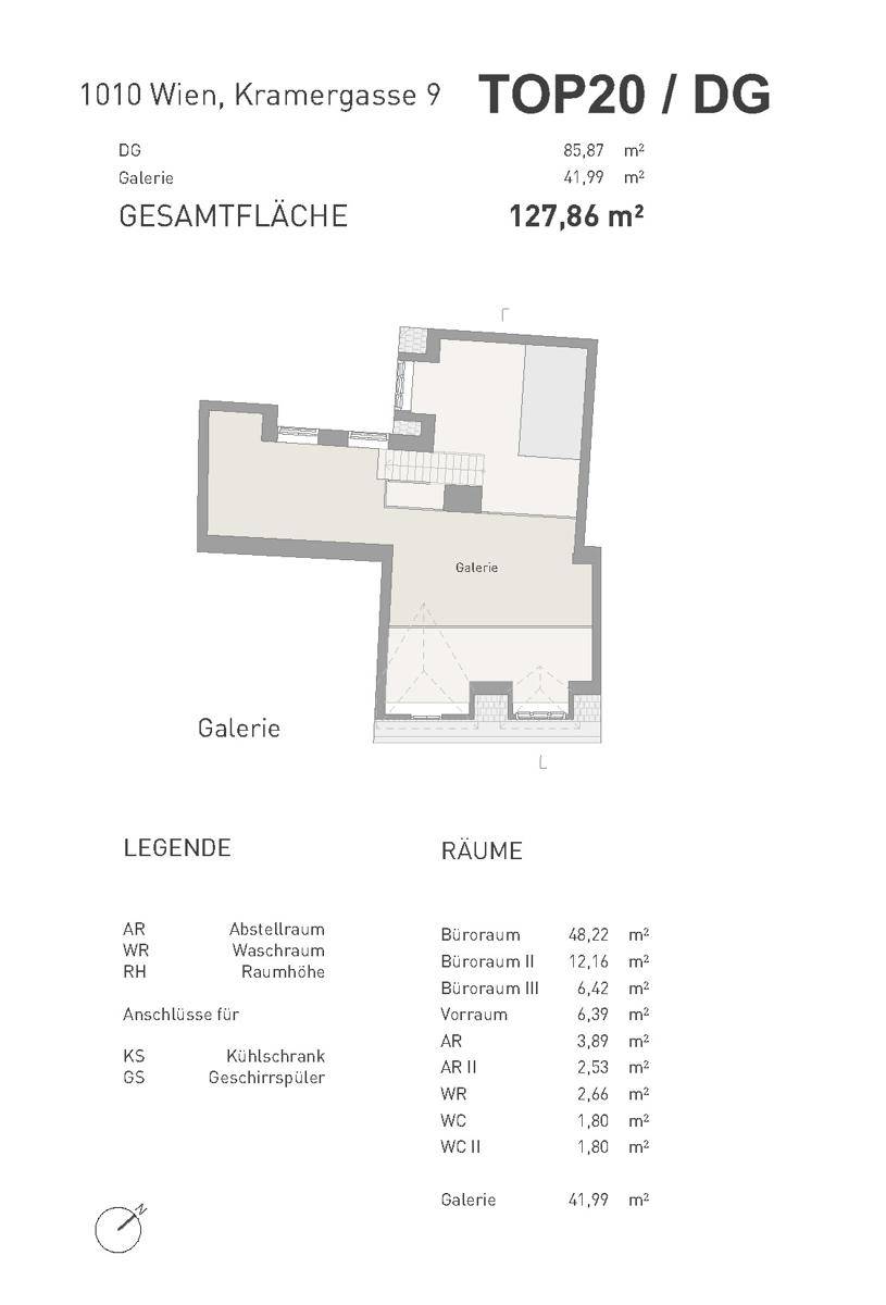 Grundriss der Galerieebene mit offenem Bereich und Treppenaufgang, Teil einer 127,86 m² Wohnung.