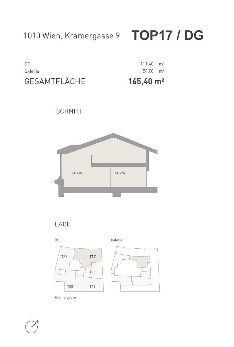 Schnittansicht des Dachgeschosses mit Galerie und Lageplan der Wohneinheiten.