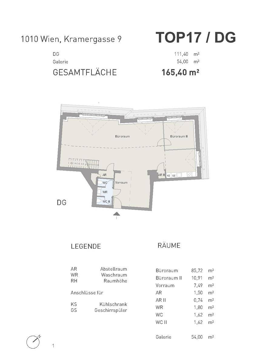 Grundriss des Dachgeschosses mit Galerie, Büroräumen und Gesamtfläche von 165,40 m².
