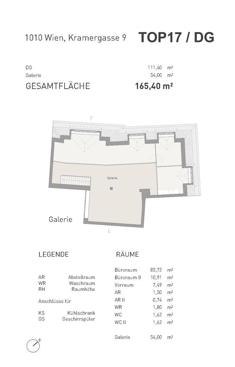 Grundriss der Galerieebene des Dachgeschosses mit einer Fläche von 54,00 m².