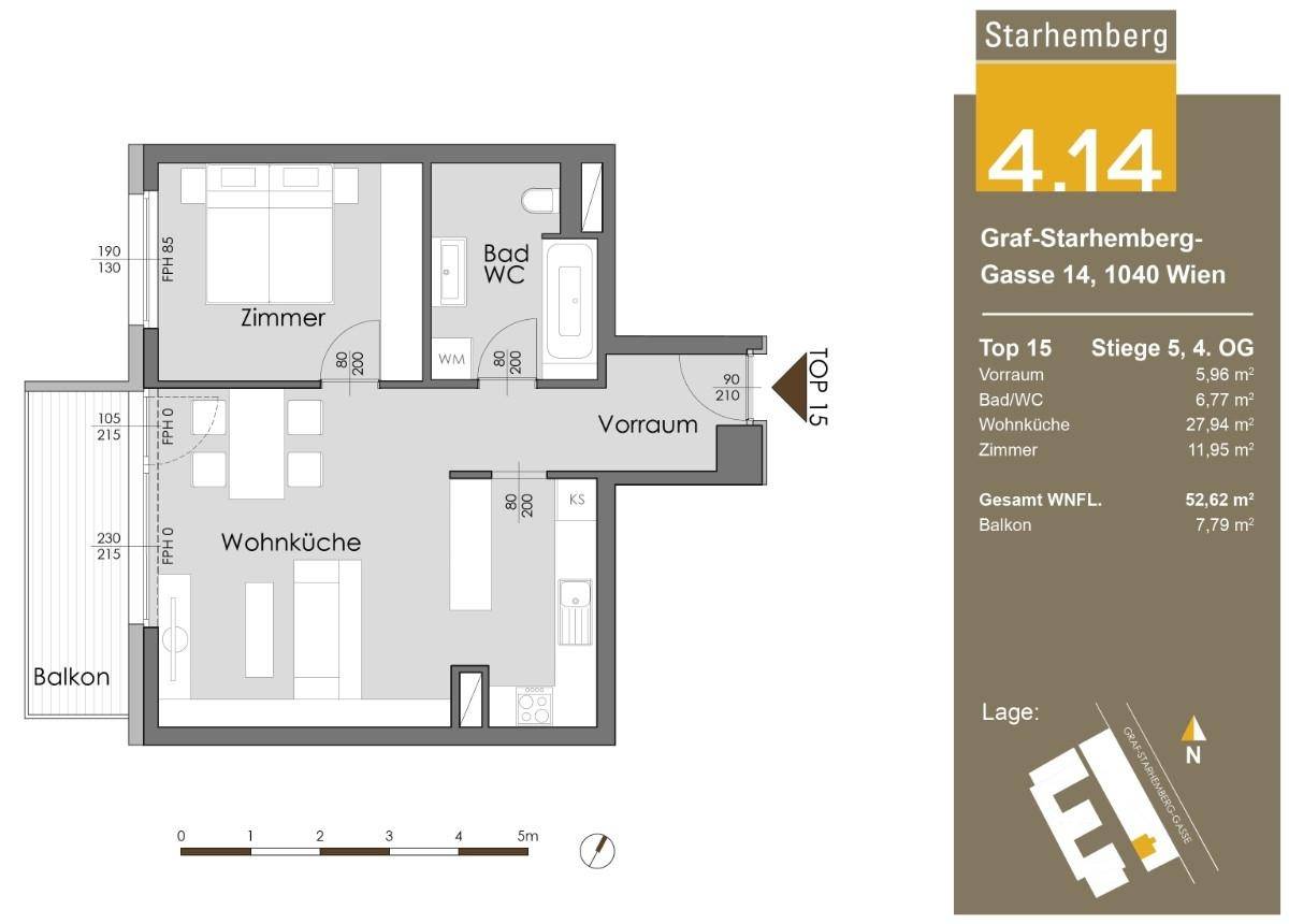 Detaillierter Grundriss einer Wohnung mit Wohnküche, Schlafzimmer und Balkon.