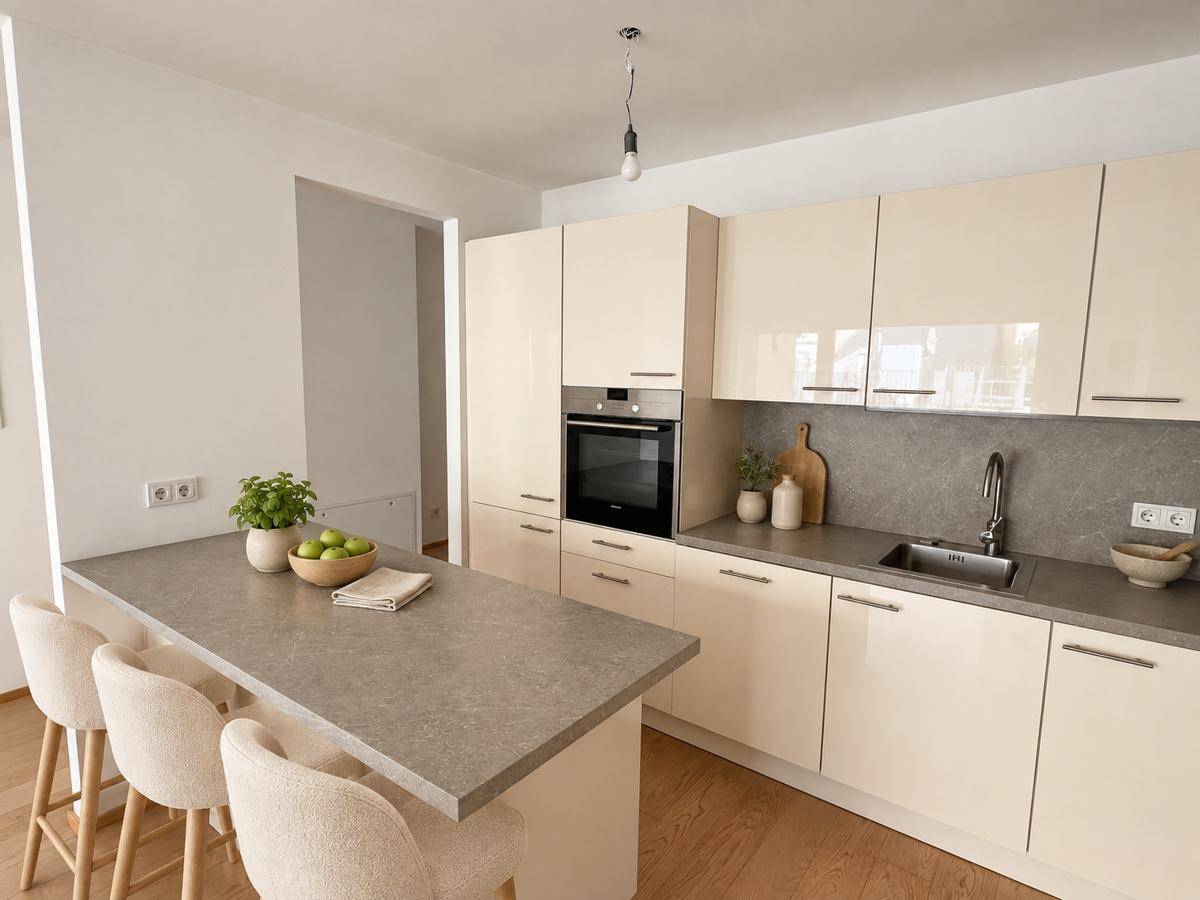 Moderne Einbauküche mit beigen Hochglanzfronten, Kücheninsel und integriertem Backofen.
