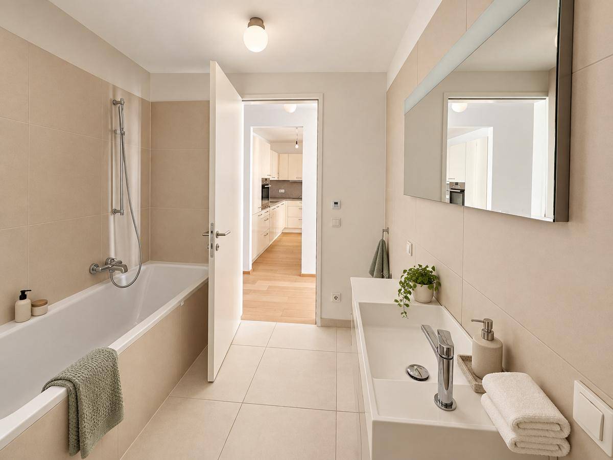 Modernes Badezimmer mit Badewanne, Einzelwaschbecken und großen beigen Fliesen.